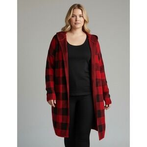 mySTYLE Plus Size 3X Red Black Buffalo Plaid Long Hooded Cardigan Sweater